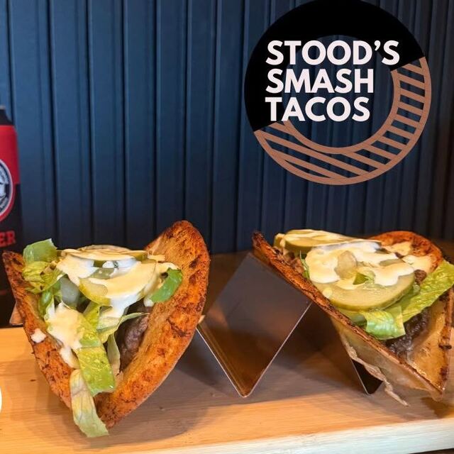 Stood’s Smash Tacos standing in a metal holder